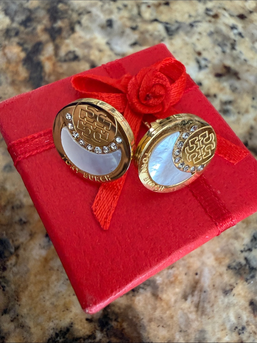NWOT Tory Burch Gold Logo Mother-of-Pearl Stud Earrings with Crystals